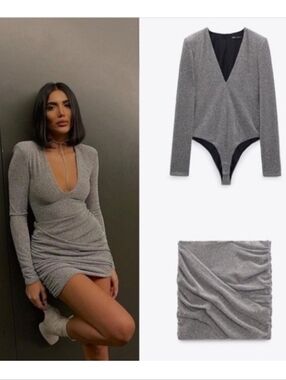 Zara Metallic Gray Long-Sleeve Bodysuit & Skirt Set